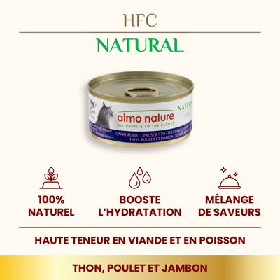 almo nature HFC Natural, boîte pour chat thon, poulet et jambon. 100 % naturel, booste l’hydratation, mélange de saveurs, haute teneur en viande et poisson.
