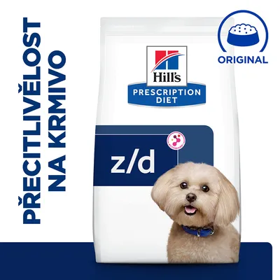 Hill's Prescription Diet z/d, nápis PŘECITLIVĚLOST NA KRMIVO, označenie ORIGINAL, balenie krmiva s obrázkom psa. Viditeľné logo Hill's a text na obale.