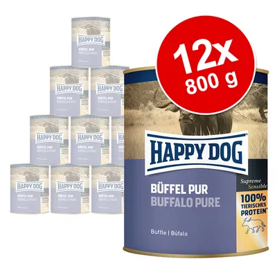 Happy Dog BÜFFEL PUR BUFFALO PURE konzerv, 12×800 g, 100% tierisches protein felirattal, Supreme Sensible sorozat. Bivaly húsos kutyaeledel csomagolás látható.