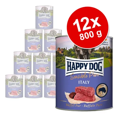 Happy Dog Sensible Pure Italy Buffalo Pure våtfoder, 12 x 800 g burkar. Stor röd cirkel med texten '12x 800 g' synlig på förpackningen.