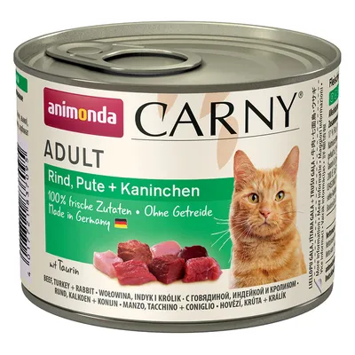 Boîte Animonda Carny Adult, Rind, Pute + Kaninchen. 100 % frische Zutaten, Ohne Getreide, Made in Germany. Viande de bœuf, dinde et lapin visibles sur l’étiquette.
