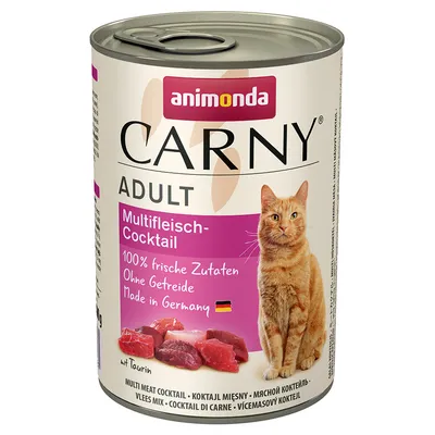 Animonda Carny Adult Multifleisch-Cocktail, 100% ingredientes frescos, sin cereales, Made in Germany, con taurina. Imagen de un gato y trozos de carne.
