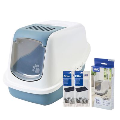Savic Katzentoilette Nestor Starterset: Toilette erdblau / weiss + 2 extra Filter + 12 Bag it up