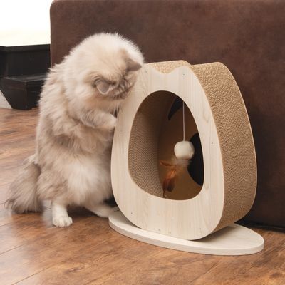 Chat à poils longs devant un griffoir en bois et carton avec jouet suspendu à boule et plume, posé sur le sol près d’un canapé.