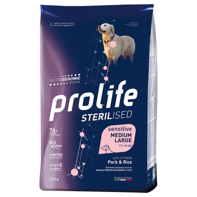 Prolife Sterilised Sensitive Maiale e Riso Crocchette per cane 12 kg
