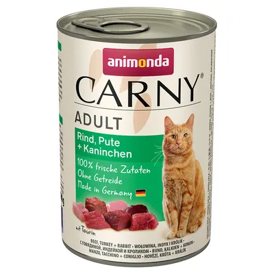 Animonda Carny Adult, nötkött, kalkon och kanin. 100 % färska ingredienser, utan spannmål, Made in Germany. Med taurin.