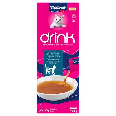 Vitakraft Drink für Katzen, fördert Wasseraufnahme, mit L-Carnitin zur Unterstützung des Energiestoffwechsels, über 90% Flüssigkeit, ohne Zucker und Milch, Made in Germany, 5x30g.