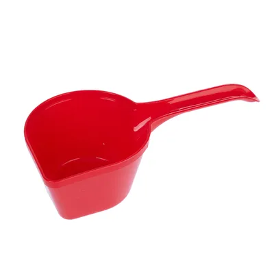 Rote Kunststoff-Schaufel mit langem Griff, geeignet zum Portionieren von Tierfutter.