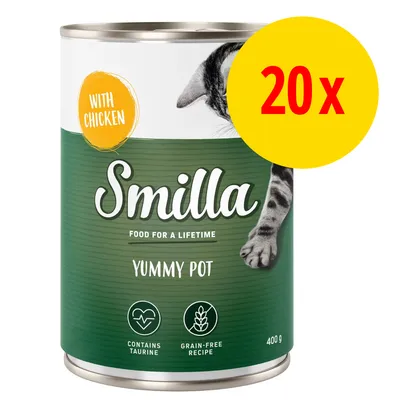 Smilla Yummy Pot kattmat, with chicken, contains taurine, grain-free recipe, 400 g. Förpackning med 20 burkar. Text på engelska.
