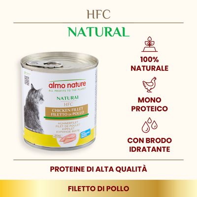 almo nature HFC Natural Filetto di Pollo, 100% naturale, monoproteico, con brodo idratante, proteine di alta qualità. Testo in inglese e italiano visibile sulla confezione.