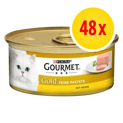 Purina Gourmet Gold Feine Pastete mit Huhn, opakowanie 48x. Na etykiecie zdjęcie białego kota i kawałka pasztetu z kurczakiem. Purina Gourmet Gold Feine Pastete mit Huhn, opakowanie 48x. Na etykiecie zdjęcie białego kota i kawałka pasztetu z kurczakiem.