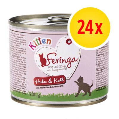Výhodné balení Feringa Kitten 24 x 200 g míchané balení: kuřecí a telecí + losos a kuřecí