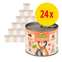 24 x GranataPet DeliCATessen vasikka & kani kissan märkäruoka, saksalainen tuote, viljaton. Etiketissä granaattiomena ja lohiöljy mainittu.