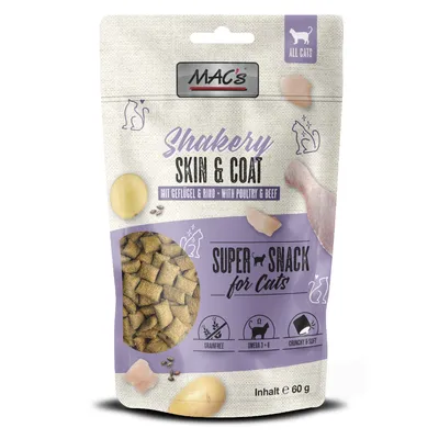 MAC's Shakery Skin & Coat Super Snack for cats, with poultry and beef, grain-free, Omega 3+6, crunchy & soft, content 60g.