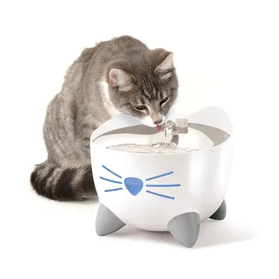 Grey cat drinking from a white drinking fountain with cat face design and flowing water.