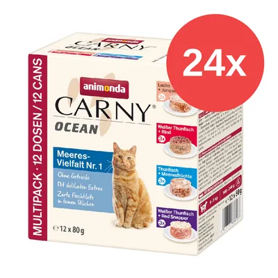 Animonda Carny Ocean Multipack mit 12 Dosen à 80g. Meeres-Vielfalt Nr. 1: Ohne Getreide, zarte Fischfilets. Sorten: Lachs + Jungseelachs, Weißer Thunfisch + Rind, Thunfisch + Meeresfrüchte.