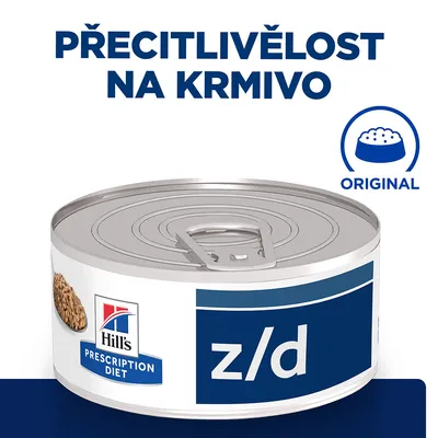 Hill's Prescription Diet z/d konzerva, text: Přecitlivělost na krmivo, Original. Text v češtine a angličtine je viditeľný na obale a v hornej časti obrázka. Hill's Prescription Diet z/d konzerva, text: Přecitlivělost na krmivo, Original. Text v češtine a angličtine je viditeľný na obale a v hornej časti obrázka.
