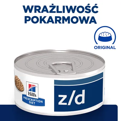 Hill's Prescription Diet z/d, puszka karmy. Widoczny napis: Wrażliwość pokarmowa, Original. Opakowanie metalowe, etykieta niebiesko-biała.