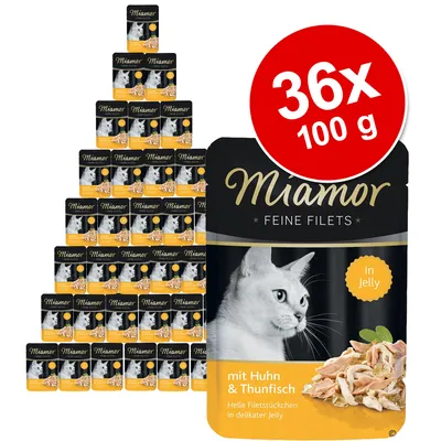 Miamor Feine Filets mit Huhn & Thunfisch in Jelly, 36x100g. Helle Filetstückchen in delikater Jelly.