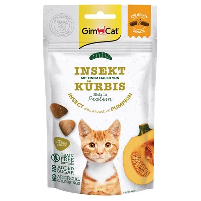 GimCat Insekt s nádychom tekvice. Chrumkavý snack, bohatý na bielkoviny, menej ako 2 kcal na snack, bez obilnín, pridaného cukru a umelých farbív. 96 % recyklovateľný obal.