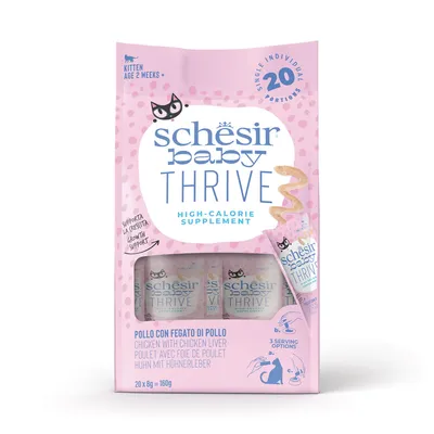 Schesir Baby Thrive supplément riche en calories, 20 portions individuelles, poulet avec foie de poulet, pour chaton dès 2 semaines. Texte en anglais et italien visible sur l’emballage. Schesir Baby Thrive supplément riche en calories, 20 portions individuelles, poulet avec foie de poulet, pour chaton dès 2 semaines. Texte en anglais et italien visible sur l’emballage.
