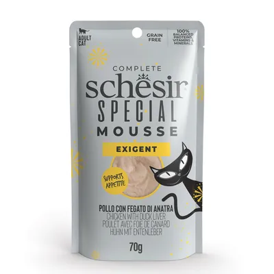 Schesir Special Mousse Exigent, csirke kacsamájjal, 70g. Felnőtt macskáknak, gabonamentes, étvágy támogatása, 100% kiegyensúlyozott fehérjék, vitaminok és ásványi anyagok.