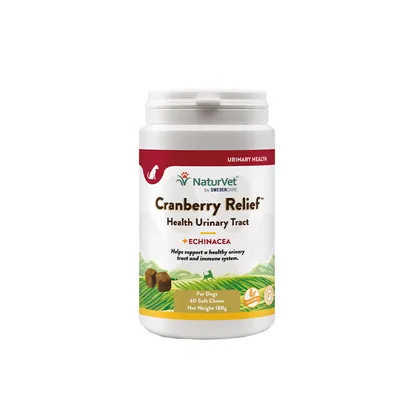 NaturVet Cranberry Relief Health Urinary Tract with echinacea. For dogs, 60 soft chews, net weight 180g. Supports healthy urinary tract and immune system. Wheat-free.