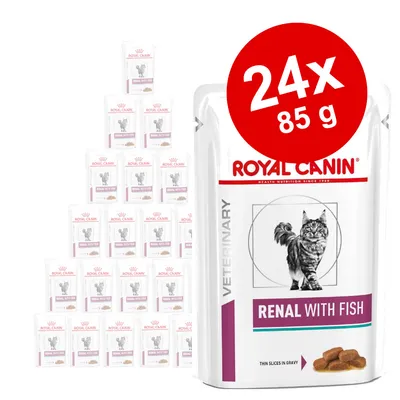 Royal Canin Veterinary Renal cu pește, 24x85g plicuri. Hrană umedă pentru pisici cu felii subțiri în sos.