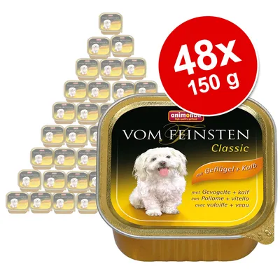 48x150 g Animonda Vom Feinsten Classic hundefoder, synlig tekst: mit Geflügel + Kalb, billede af lille hvid hund på sort og gul emballage.