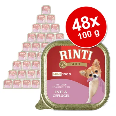 RINTI Gold MINI 100 g, pakke med 48 bakker. Tekst på emballage: Mit feinen Stückchen von Ente & Geflügel. Billede af lille hund på forsiden. RINTI Gold MINI 100 g, pakke med 48 bakker. Tekst på emballage: Mit feinen Stückchen von Ente & Geflügel. Billede af lille hund på forsiden.