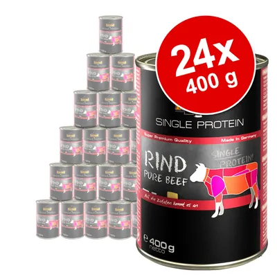 Single Protein Rind Pure Beef, Made in Germany, 24 x 400g cans. Super premium quality, ingredients visible on packaging.