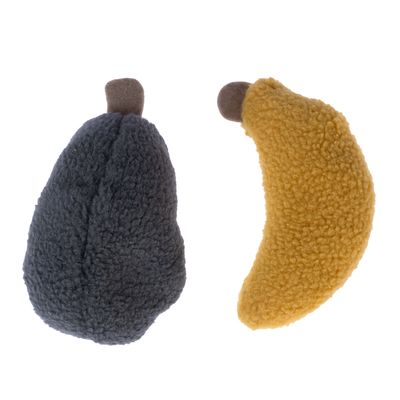 Две плюшени играчки във форма на плодове, едната сива, другата жълта, с кафяви дръжки, изработени от мек плат.
