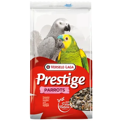 Versele-Laga Prestige Parrots, Papageienfutter mit 100% Pure Nature. Verpackung zeigt grauen und grünen Papagei sowie Mischung aus Samen.