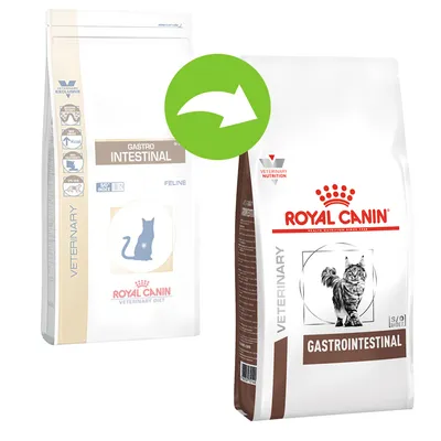 Verpakkingswijziging Royal Canin Veterinary Gastro Intestinal kattenvoer: oud ontwerp links, nieuw ontwerp rechts met kat en merknaam zichtbaar.