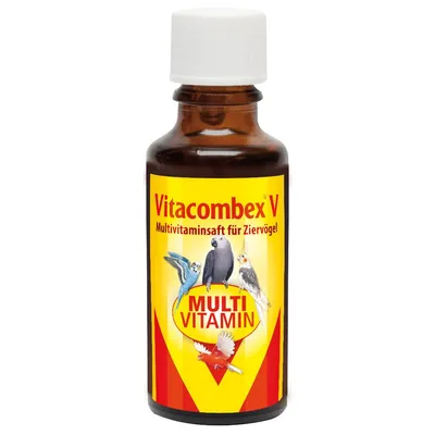 Flacon Vitacombex V, texte allemand : Multivitaminsaft für Ziervögel, étiquette avec oiseaux et mention MULTI VITAMIN. Bouteille en verre brun avec bouchon blanc. Flacon Vitacombex V, texte allemand : Multivitaminsaft für Ziervögel, étiquette avec oiseaux et mention MULTI VITAMIN. Bouteille en verre brun avec bouchon blanc.