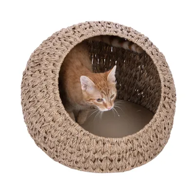Kattenhuis van gevlochten natuurmateriaal met een oranje kat die uit de opening kijkt.