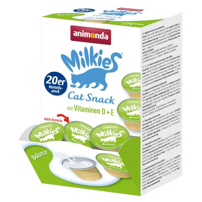 Animonda Milkies Cat Snack, voordeelverpakking van 20, met vitamine D+E. Smaakvariant Balance. Open hier-aanduiding zichtbaar op verpakking.