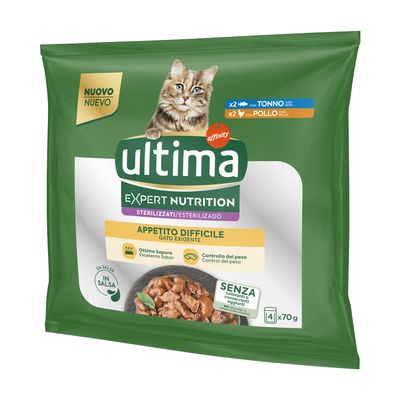 Ultima Expert Nutrition Sterilizzati cat food for fussy eaters, with tuna and chicken in gravy. No colourants or preservatives. Pack contains 4x70g.