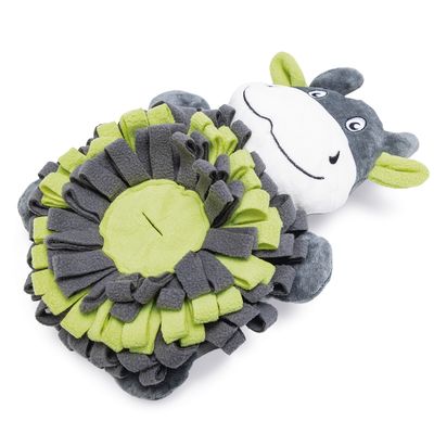 Plyšová hračka v tvare kravy so zeleno-sivou čuchacou podložkou z látky, vhodná na hľadacie hry.