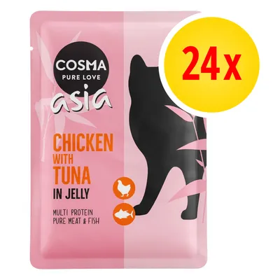 Cosma Asia Chicken with Tuna in Jelly, multi protein pure meat & fish, opakowanie 24x. Widoczny czarny kontur kota na różowym tle.