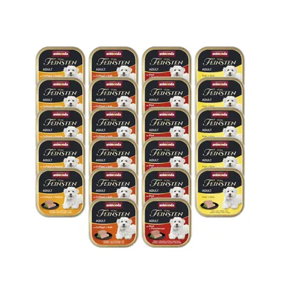 Animonda Vom Feinsten Adult cibo umido per cani, vari gusti: pollame e pasta, manzo, tacchino e formaggio, manzo e cuori di tacchino. Confezione con immagine di cane visibile.