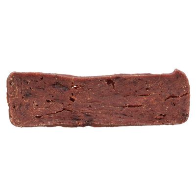 Bar made from dried meat, rectangular shape with brown colour and visible texture.