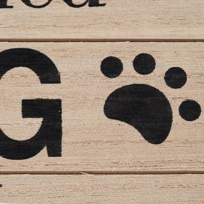 Wooden surface with black paw print and letter 'G'.
