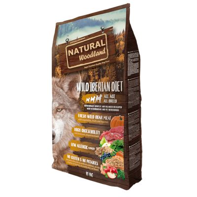 Natural Woodland Wild Iberian Diet, hypoallergenic dog food with fresh wild boar meat, highly digestible, without gluten and potatoes. For all ages and breeds. 10 kg.