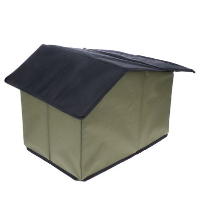 Green, rectangular pet house with black fabric roof. Suitable for outdoor use.