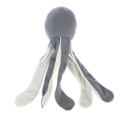 Grijs en wit pluchen speelgoed in de vorm van een octopus met lange zachte armen.