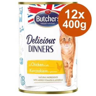 Butcher’s Delicious Dinners, 12x400g, avec poulet en gelée. Ingrédients naturels, vitamines et minéraux ajoutés. Texte en anglais et polonais visible sur l’emballage.