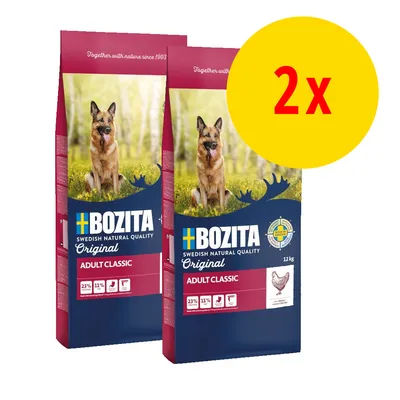 Lot de 2 sacs Bozita Adult Classic Original 12 kg, texte visible : protéines 23 %, matières grasses 11 %, poulet, image d’un chien sur l’emballage. Lot de 2 sacs Bozita Adult Classic Original 12 kg, texte visible : protéines 23 %, matières grasses 11 %, poulet, image d’un chien sur l’emballage.