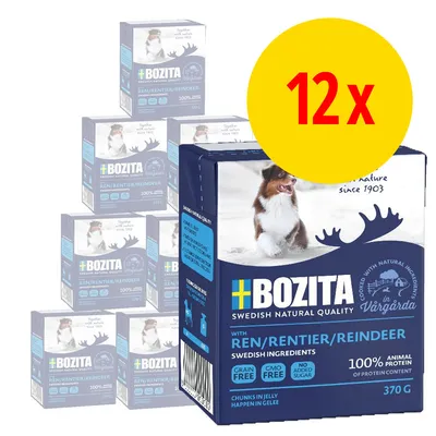 Lot de 12 boîtes Bozita Ren/Rentier/Reindeer, 370 g, ingrédients suédois, sans céréales, sans OGM, sans sucre ajouté, 100 % protéines animales visibles sur l’emballage.