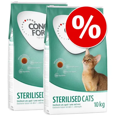 Two bags of CONCEPT FOR LIFE Sterilised Cats dry food, 10 kg each, with visible text: 'Sterilised cats aged 1 year and over', special formula for body weight control, urinary tract support, high digestibility. Large red percent symbol. Two bags of CONCEPT FOR LIFE Sterilised Cats dry food, 10 kg each, with visible text: 'Sterilised cats aged 1 year and over', special formula for body weight control, urinary tract support, high digestibility. Large red percent symbol.